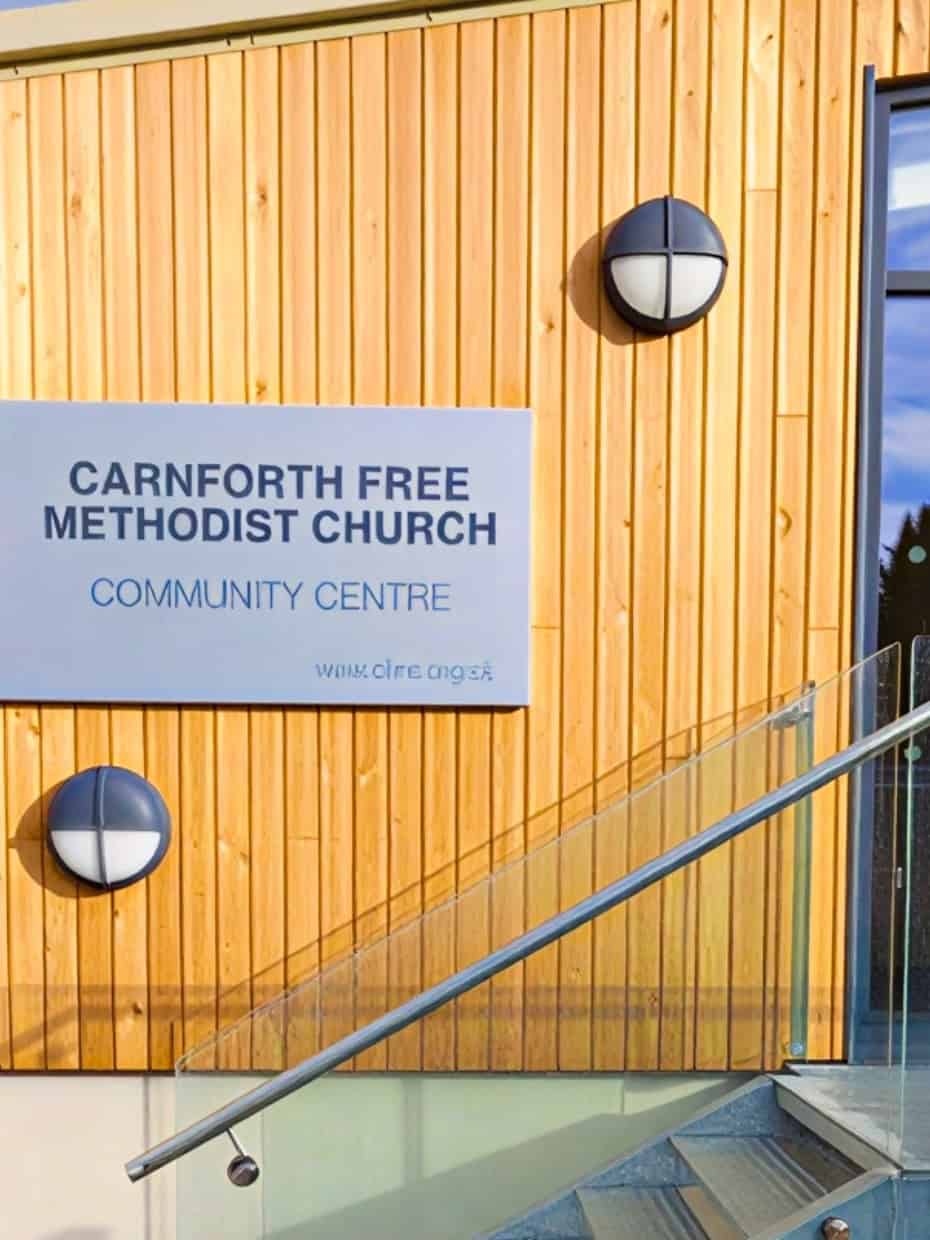 Sign for Carnforth Free Methodist Church community centre on a modern timber-clad building with glass entrance.