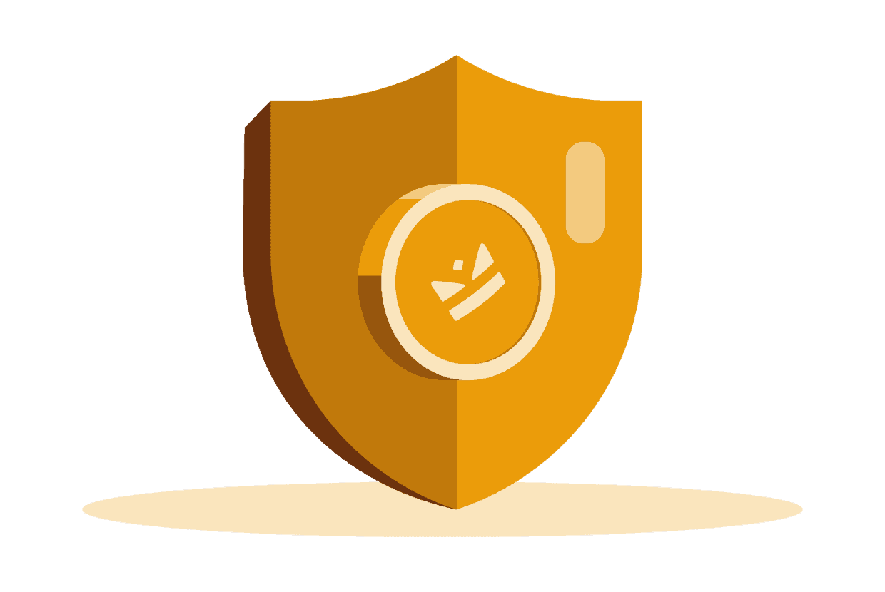 Simple gold shield icon with a coin symbol in the centre, representing insurance, protection and financial security.