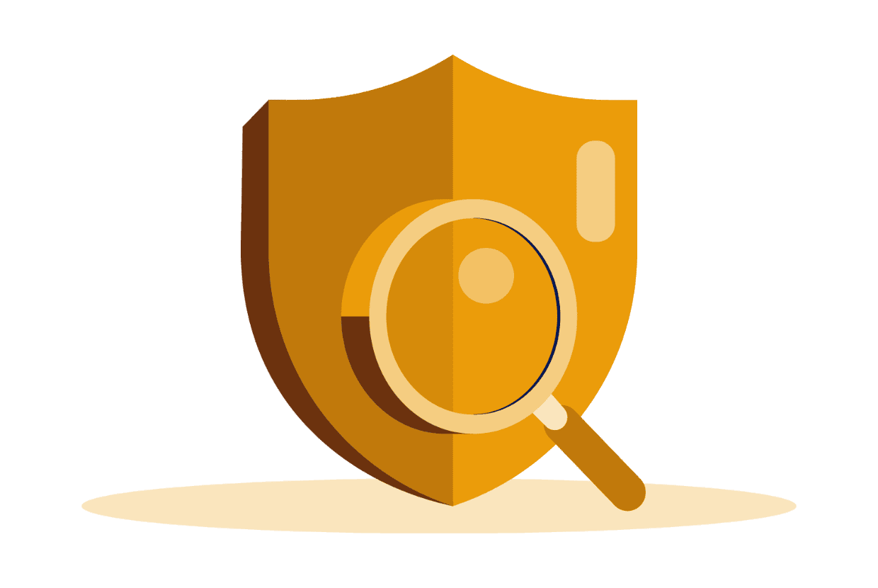 Illustration of a magnifying glass and shield, representing fraud detection, security monitoring and customer protection support.