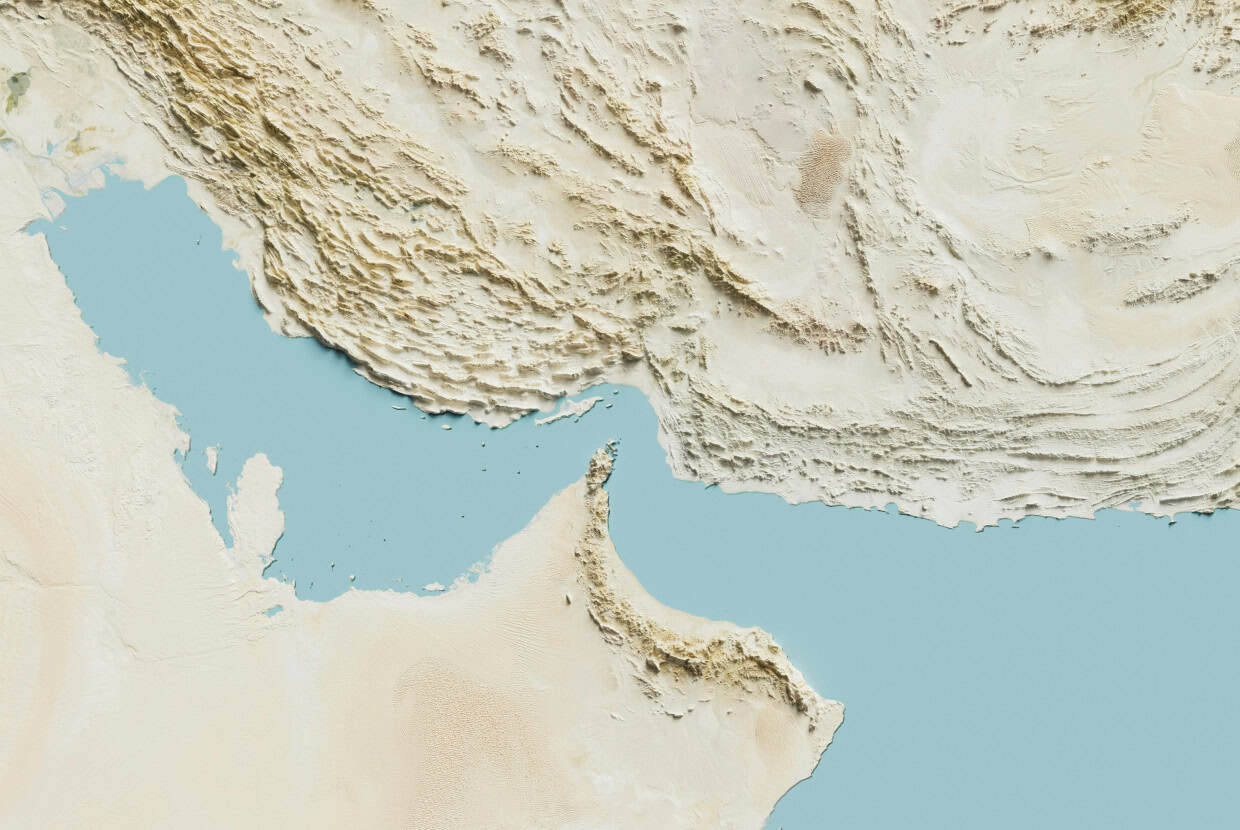 Topographic relief map showing the Middle East region including the Arabian Peninsula and surrounding coastline.