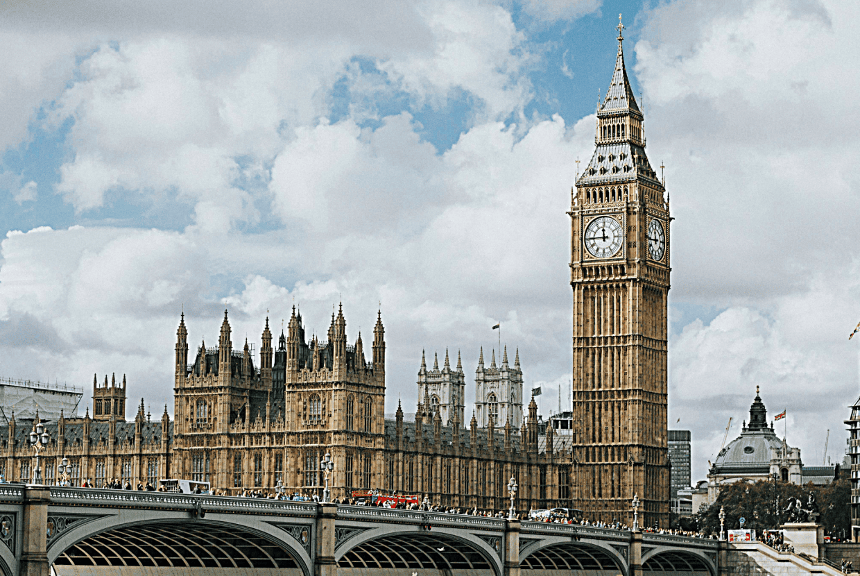Elizabeth Tower (Big Ben) and the Houses of Parliament viewed from Westminster Bridge with people and traffic, under a cloudy sky in London.