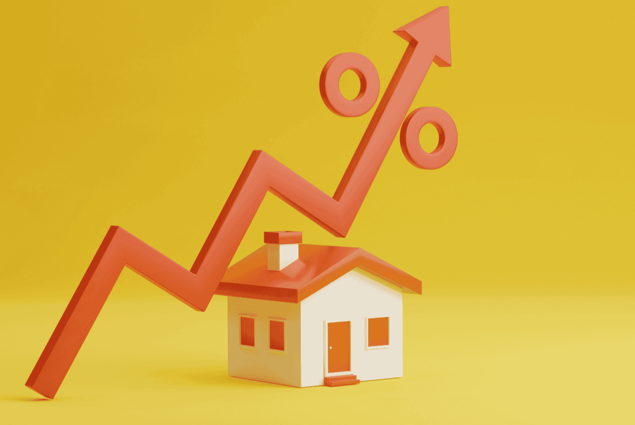Illustration of a house with an upward arrow and percentage symbol.