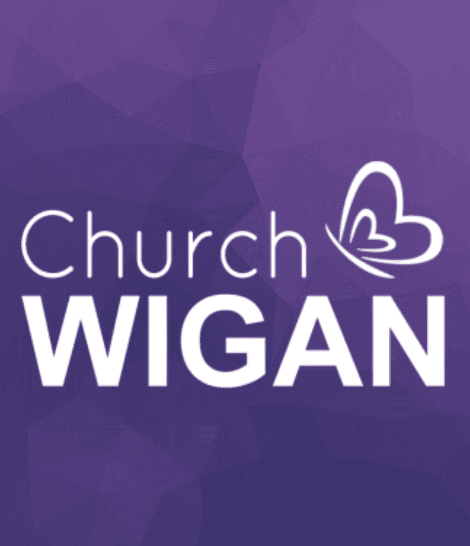 Church Wigan logo with white text and heart symbol on a purple background.