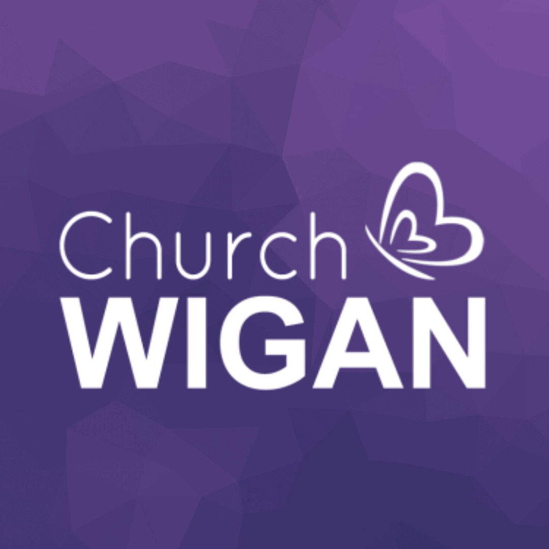 Church Wigan logo with white text and heart symbol on a purple background.