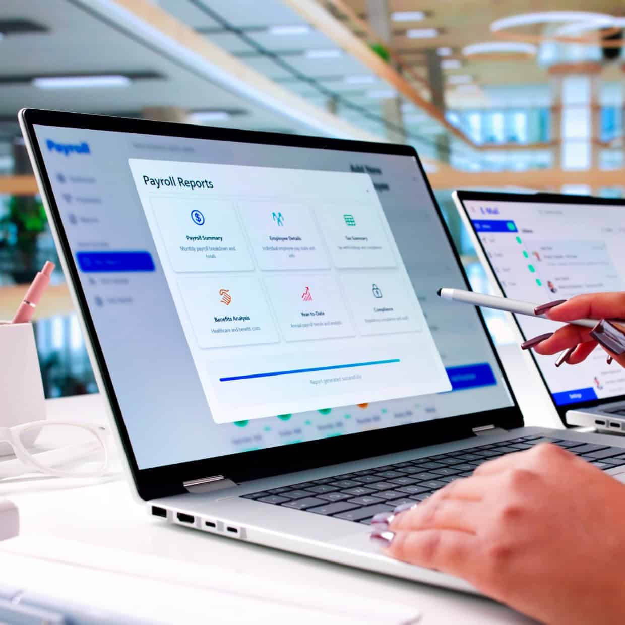 Person using a laptop to view payroll reports and financial data in a modern office setting.